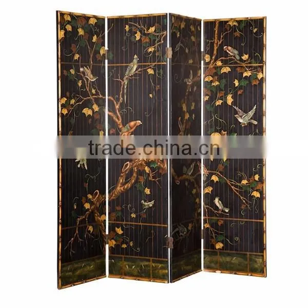 Traditional Hand Painting Three Door Folding Screen, Retro Furniture Decorative Wooden Floor Screen With Crackle