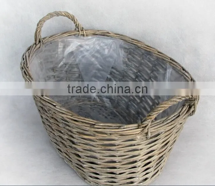 100%Handmade plastic lined grey wicker baskets for plants wicker flower plant pot