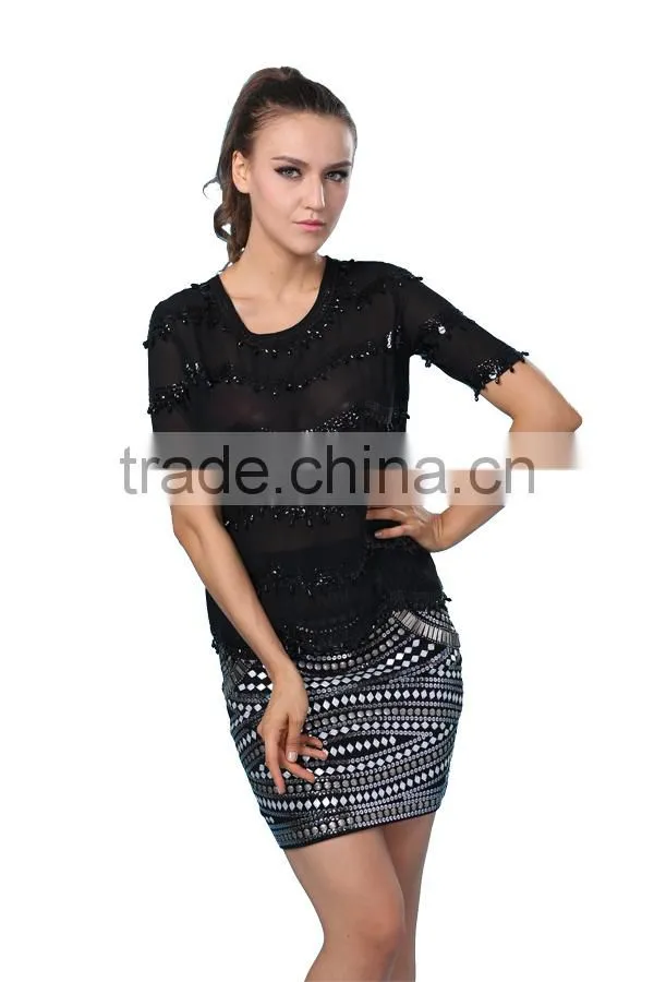 New Design Fashion Short Sleeve Embellished Chiffon Top