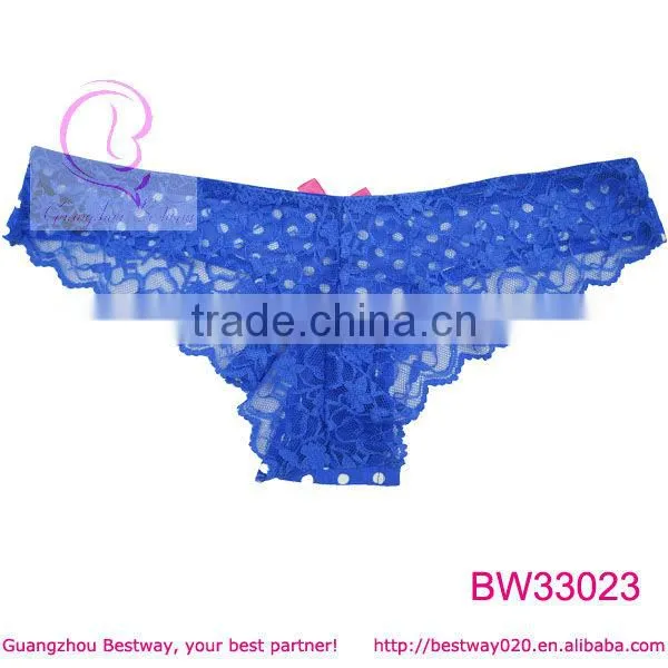 Sexy blue polka dot panties with cute red bow back full transparent panties