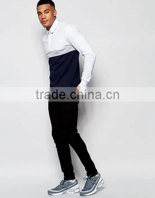 Color block long sleeve 100% cotton rugby polo shirt, men sports team wear custom