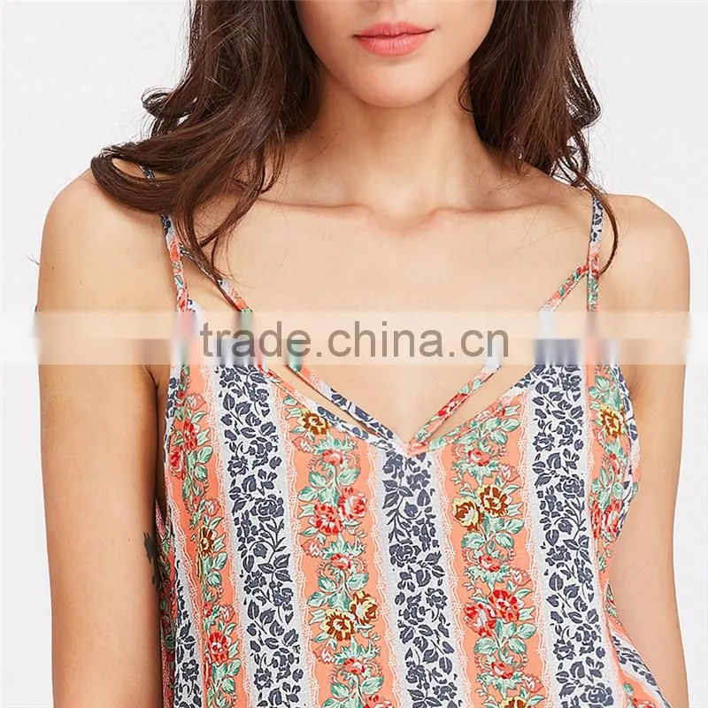 Fashion Floral striped double V-neck top, ladies sexy cami top