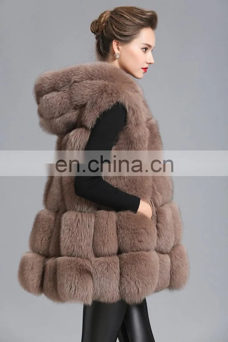 2015 New Style Whole Leather Real Fox Fur Hood Long Style Vest Girl Gilet Beautiful Women Vest