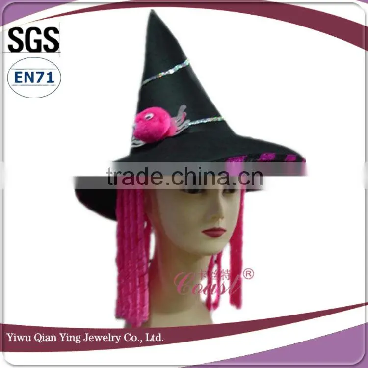 Halloween girls witch hat with curly pink hair wig attached