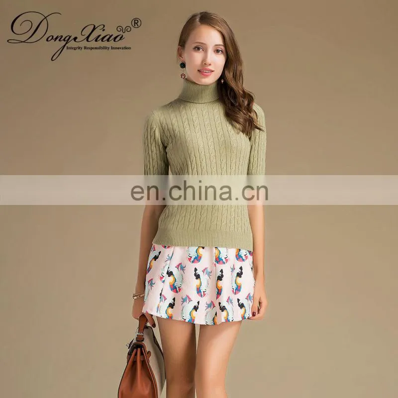 2024 Classic Cable Knit Women's Turtleneck Pullover Half Sleeves Cashmere Sweater Winter 100% Cashmere Solid Pattern Logo Back