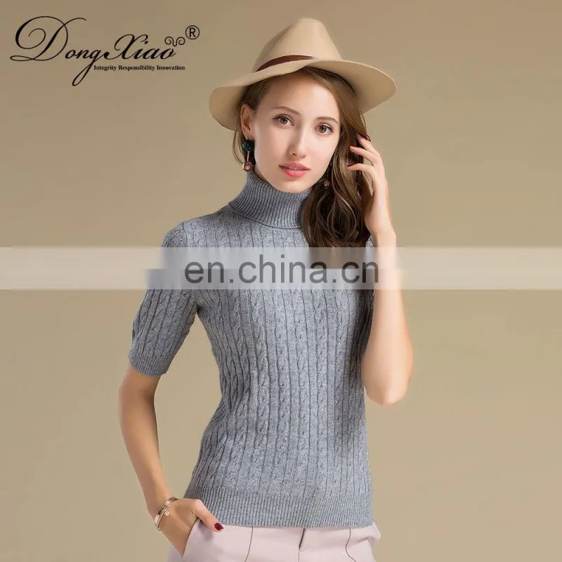 2024 Classic Cable Knit Women's Turtleneck Pullover Half Sleeves Cashmere Sweater Winter 100% Cashmere Solid Pattern Logo Back