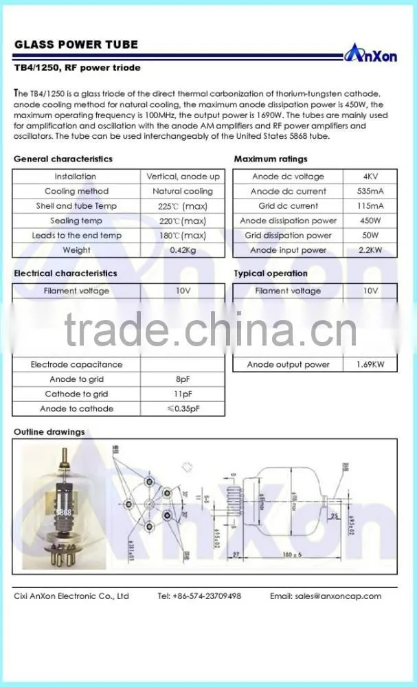 Glass Lamp Tube Triode TB4 1250