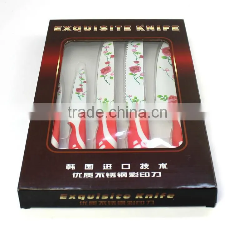 Rose printing multi colorful kitchen knife set