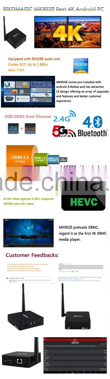RK3288 Quad Core Android 4.4 TV box, support 4KX2K, H.265, Dual band wifi, Bluetooth 4.0, Gigabit lan.
