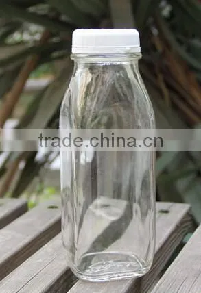 Wide mouth french square beverage glass bottle with black lid