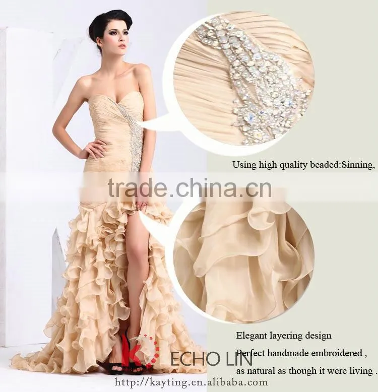 Off-shoulder sexy backless ruffle and beaded open front layering fishtail ballkleid