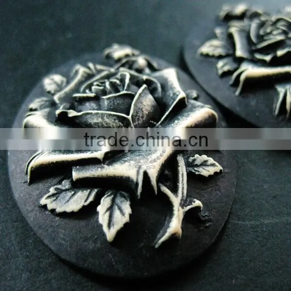 30x40mm oval dark resin rose black cameo vintage style cabochon DIY pendant charm supplies 4120073