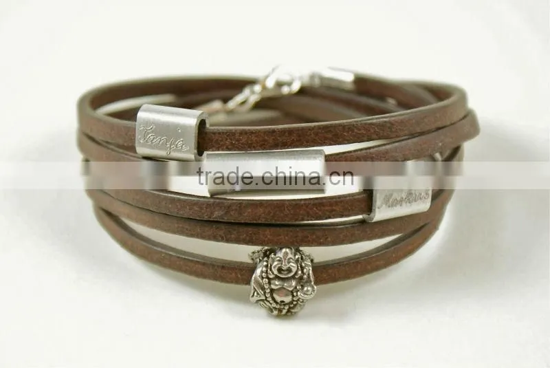 Personalized engraved multi strand leather bracelet, wrapped leather bracelet, name/logo stamped bracelet, crystal bead bracelet