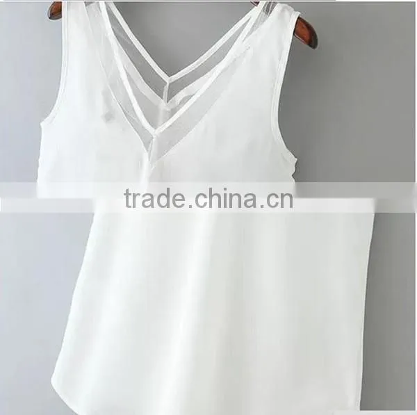 European and American style solid color V-neck blouses stitching gauze halter T-shirt Tank top women