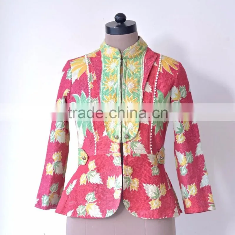 Handmade Vintage Kantha Boho Jacket in One of a Kind Fuschia & Green Print ~ Small
