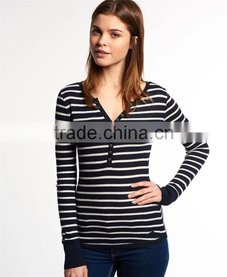 2016 China Manufacturer Shandao Latest Casual Style Autumn Long Sleeve Bodycon Striped Knit Cotton Women Fashion Tops