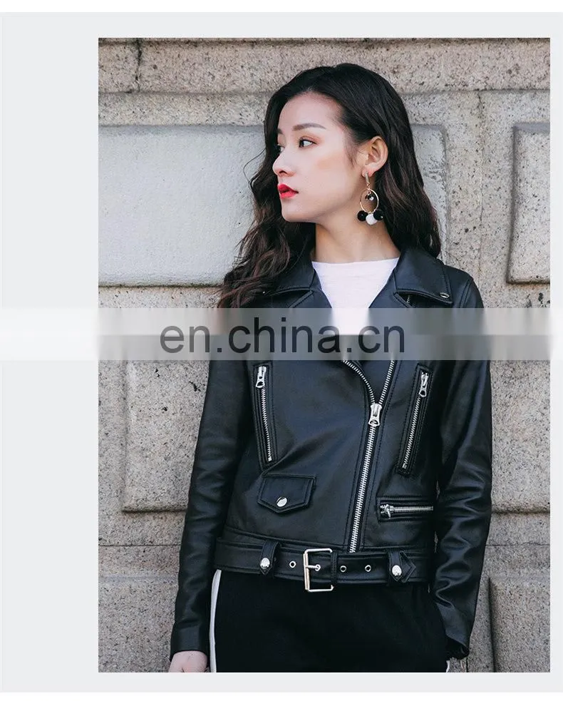 Fashion Cool Zip Front Black Leather Jacket Woman / Real Sheep Skin Jacket Leather / Leather Motorcycle Jacket