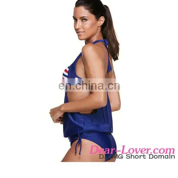 2pcs Navy Splice Tricolor Stripes Halter Tankini Swimsuit Mature Swimsuit