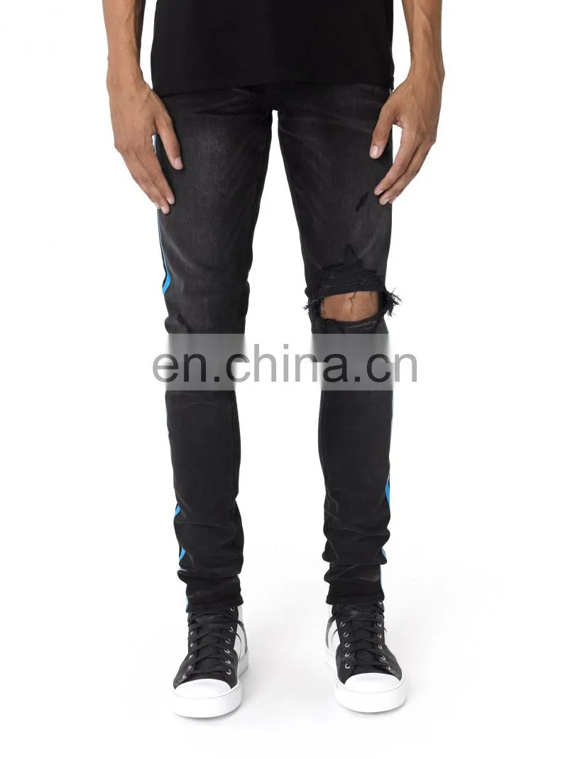 DiZNEW BROKEN TRACK BRANDED STRETCH BLACK JEANS MEN WITH BLUE SIDE