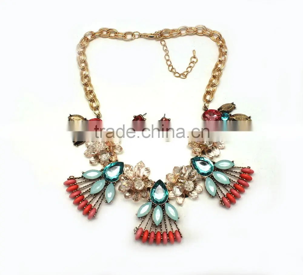 2015 latest design beads fashion jewelry crystal necklace set alloy glass beads jewelry set for women