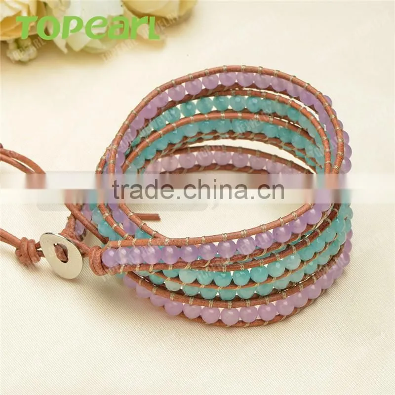 Topearl Jewelry Malaysia Jade Fashion Bracelet Woven Leather Wrap Bangle with Copper Clasp 33.5 Inches CLL140