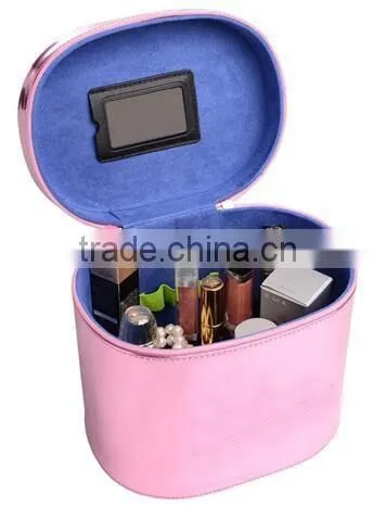 Custom leather travel cosmetic organizer artist train box,pink leather makeup vanity case,beauty travel carrying case