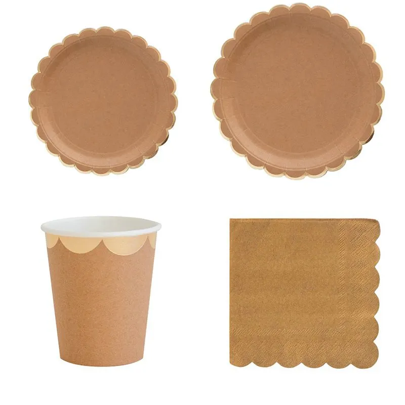 Kraft Paper Tableware Paper Plate Disposable Picnic Plate Set Paper Cup Paper Towel Party Tableware
