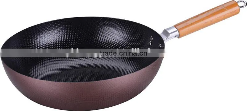 Carbon steel non stick wok with wooden handle