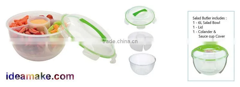 6L Plastic Salad Container with Lid, Colander,dip bowl and cover