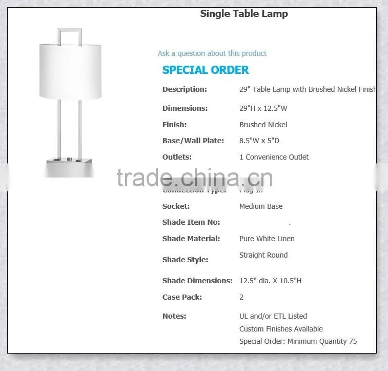 UL Approved Hotel Room White Linen Hard-Back Drum Shade Table Lamp With Turn Switch On The Base XC-H014