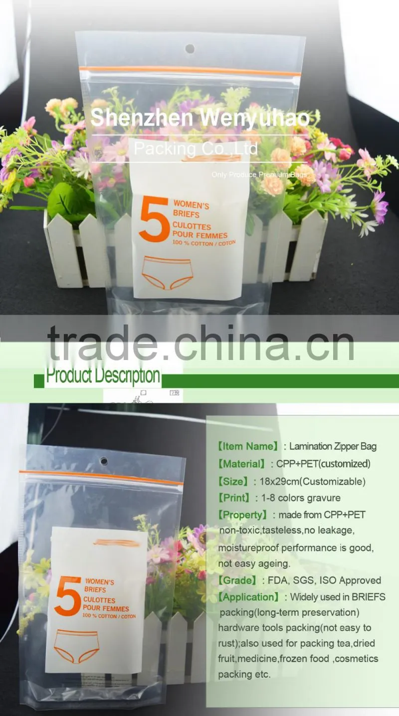 underwear plastic custom print zip lock bag / stand up pouch with hang hole