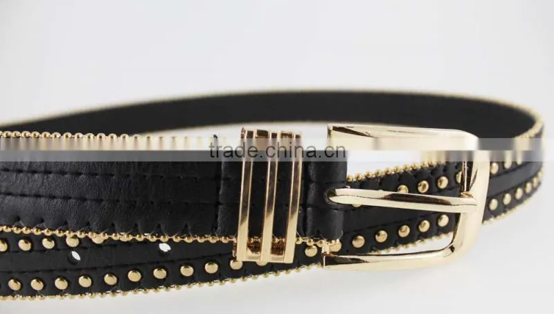 Women's Fashion Gold metal studded PU black leather jeans belt with double bean chian