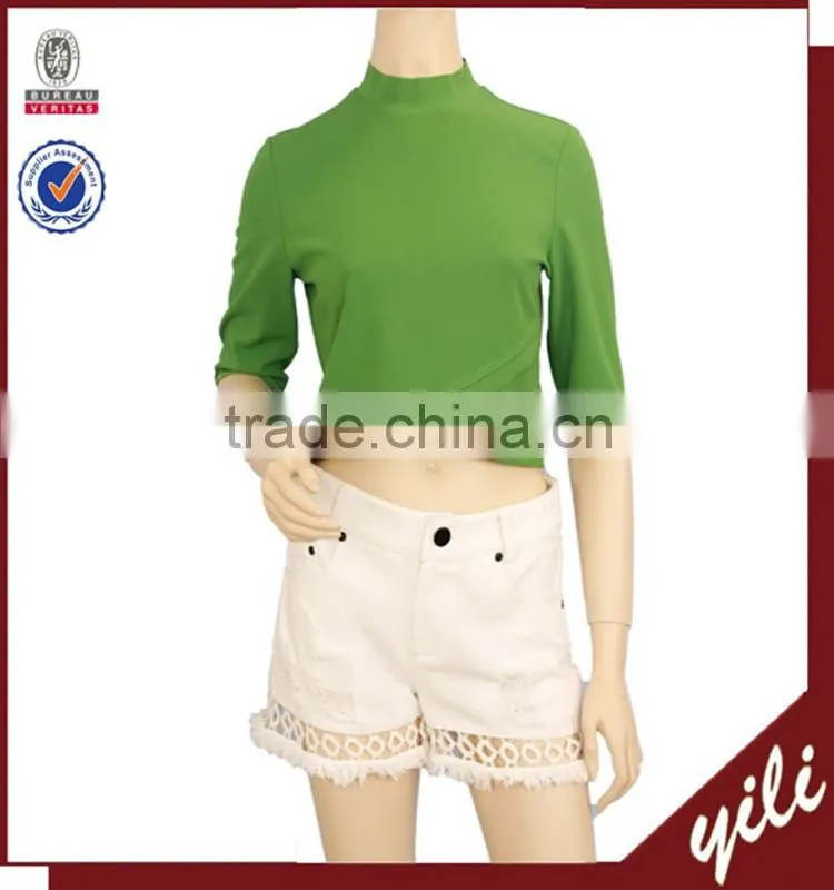 2016 new design 98% polyesters2% spandex cross front short sleeve back zipper green lady summer crop top
