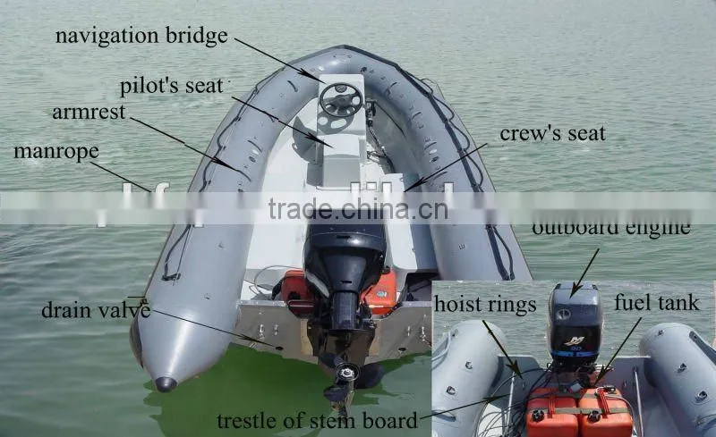 fiberglass small inflatable jet boat with outboard engine