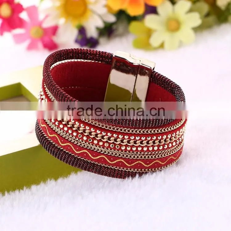 New Fashion Jewelry Woman Magnetic Clasp Leather Crystal Stones Bracelet