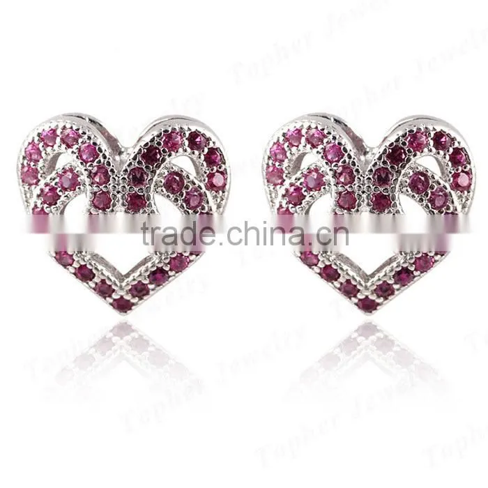 Wholesale rhodium plated 925 silver solid silver heart earrings