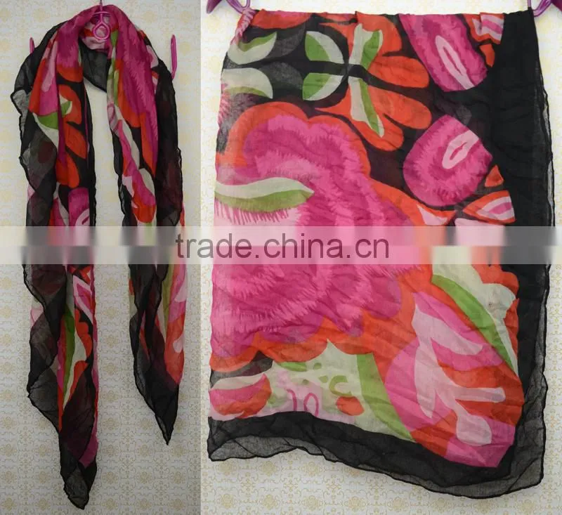 hot selling red and white flower gauze scarf with tassels