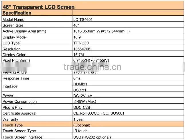 46 inch transparent lcd display kit(showing case available)