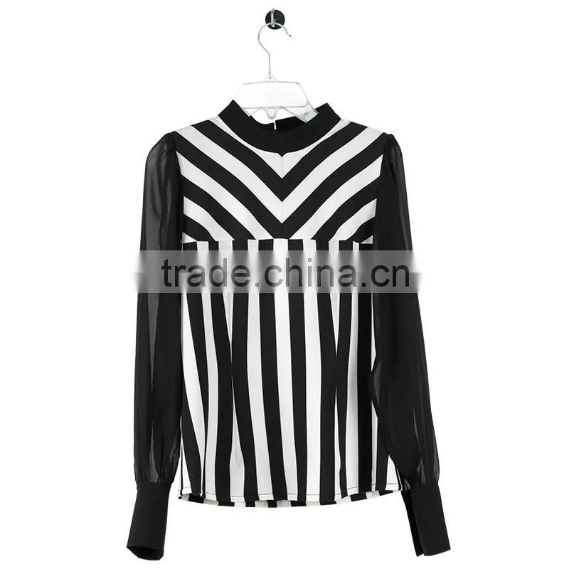 PRETTY STEPS 2016 high end fashionable black and white svertical striped blouse shirts for women