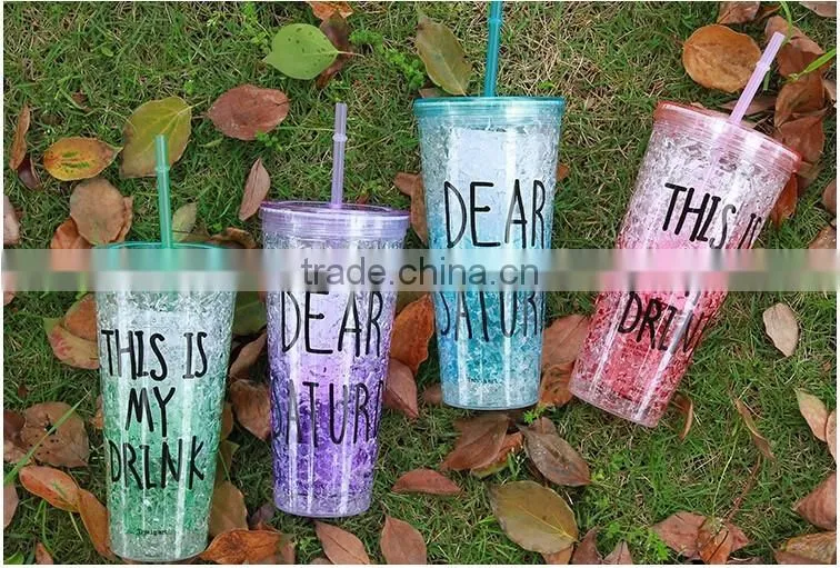 beautiful double wall plastic drinking mug with straw summer ice cup