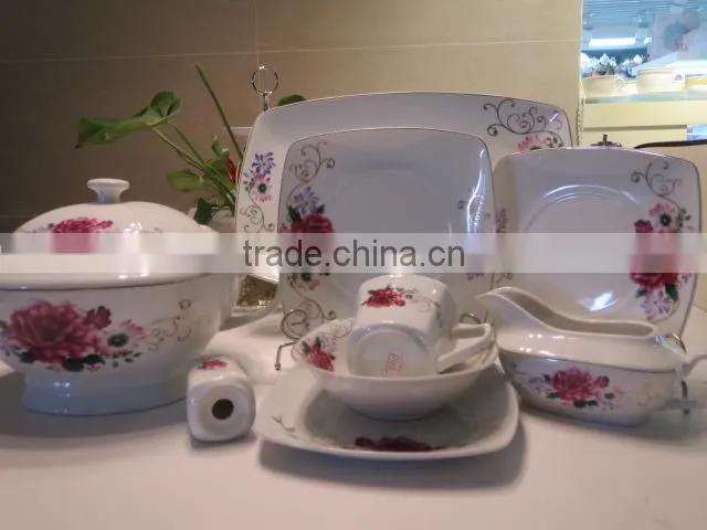 hot sales high quality nice rose flower square shape ceramic porcelain dinner set