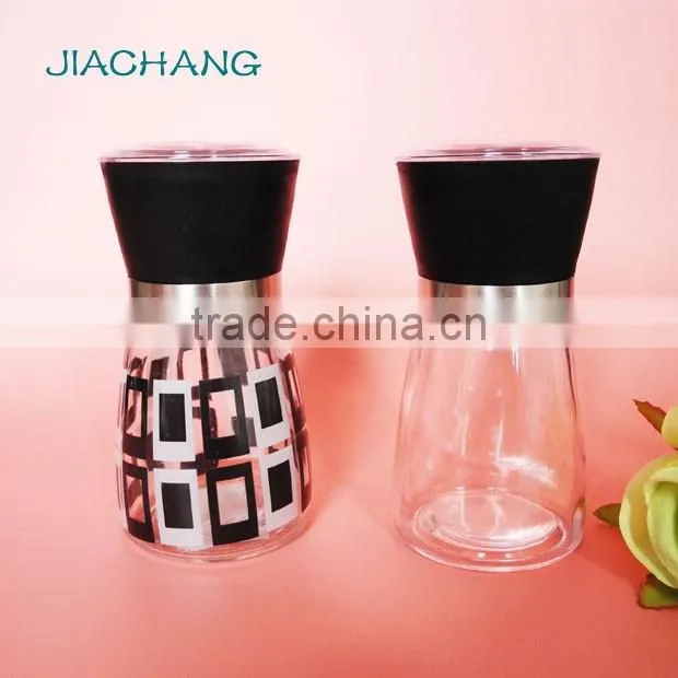 glass salt spice condiment jar with black grinder cap