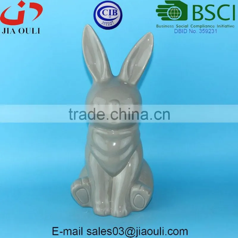 BSCI Audit Factory EASTER decorative bunny glazed grey/white Ceramic rabbit figurines, ceramic animal figurines