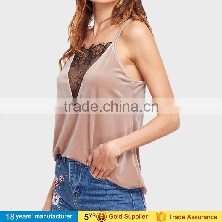 2017 Latest sexy sleeveless V Neck spaghetti strap summer wear design Velvet Camisole tops blouse for women