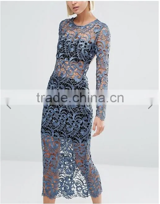 good quality fashion Petrol blue Bandeau underlay Kick split Lace Open Back Dress