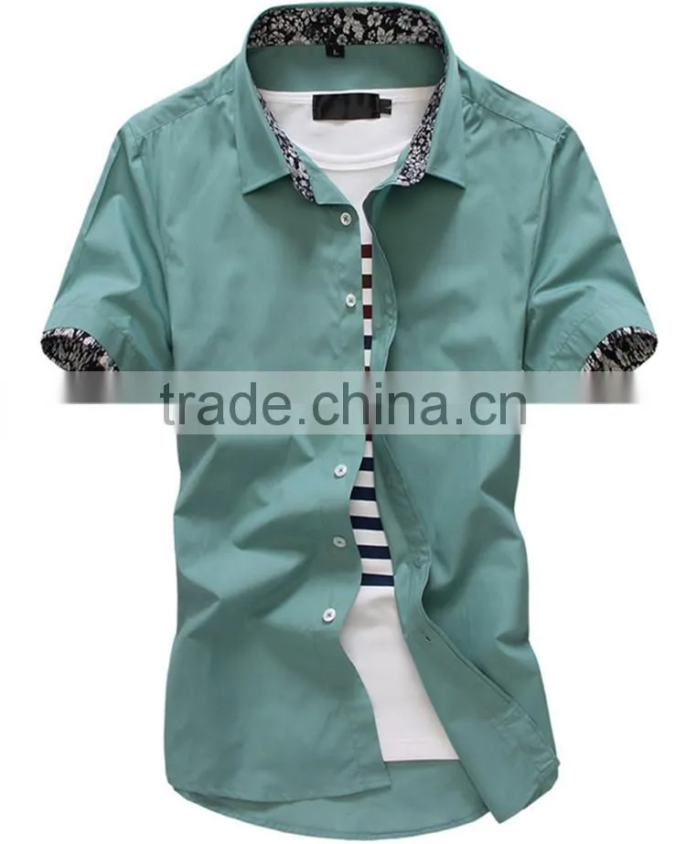 Slim light blue color short sleeve cotton men shirts