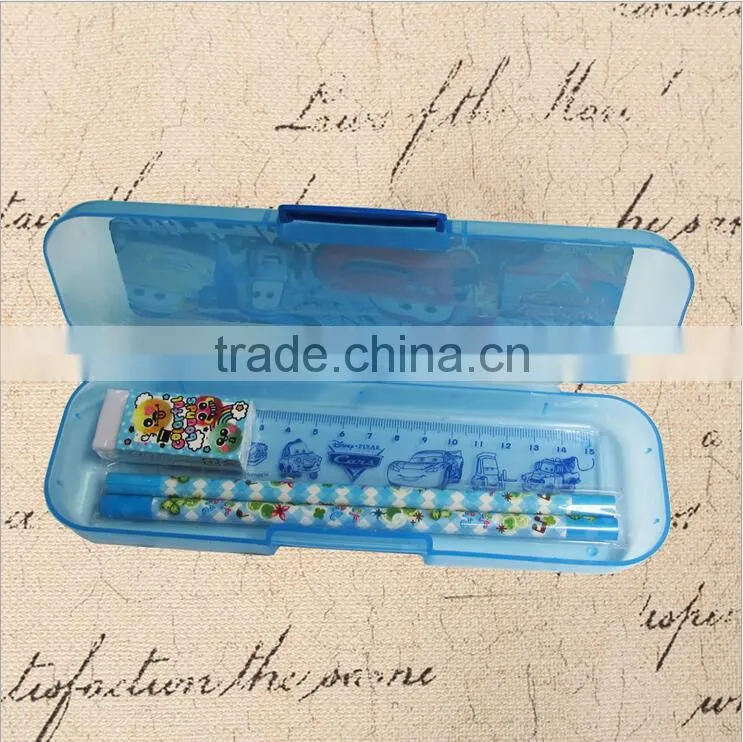 Curtom logo print transparent colorful plastic pencil case pen boxes set with pencil ruler and eraser