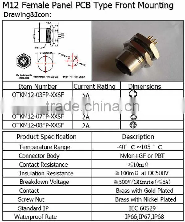 M12 Female panel PCB type front mounting Waterproof Connector