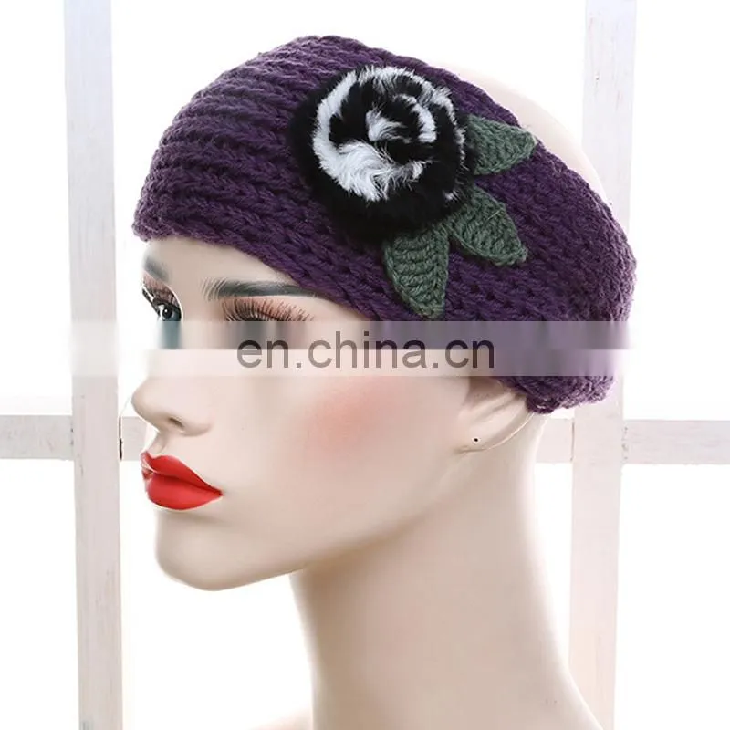 Fur flower women lady headband knitted headband with rex rabbit fur