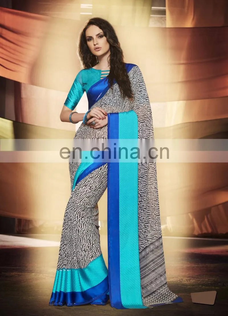 Orange Colored Georgette Satin Printed Saree
